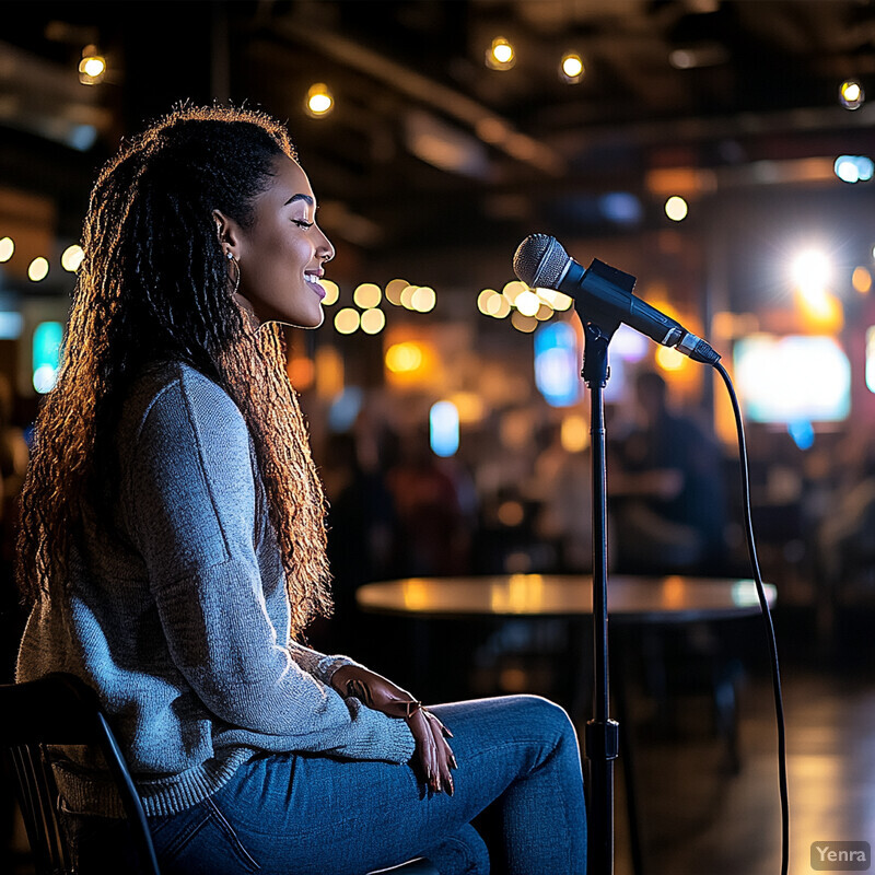 A woman with long, curly hair is sitting in front of a microphone, possibly singing or speaking.