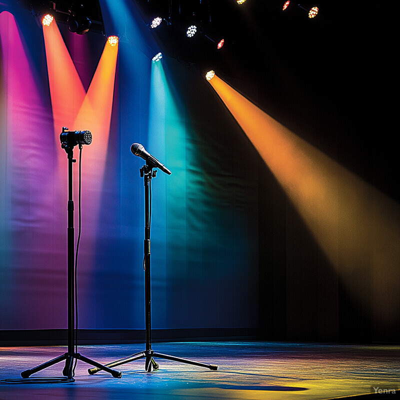 Two microphones on stands in a stage setting with colorful lights.