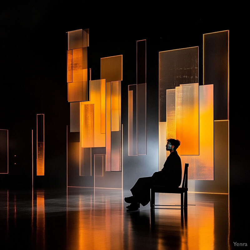 A person sits in a chair surrounded by gold-colored panels on the wall behind them, creating a dramatic and theatrical atmosphere.