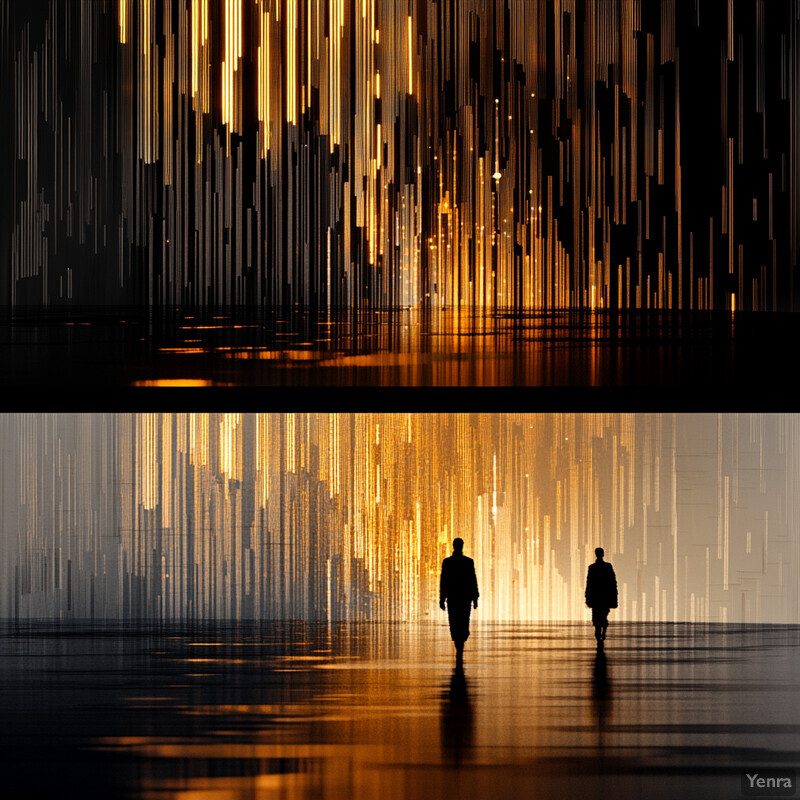 A striking visual representation of continuous learning and improvement, featuring abstract digital art with vertical lines and silhouetted figures.