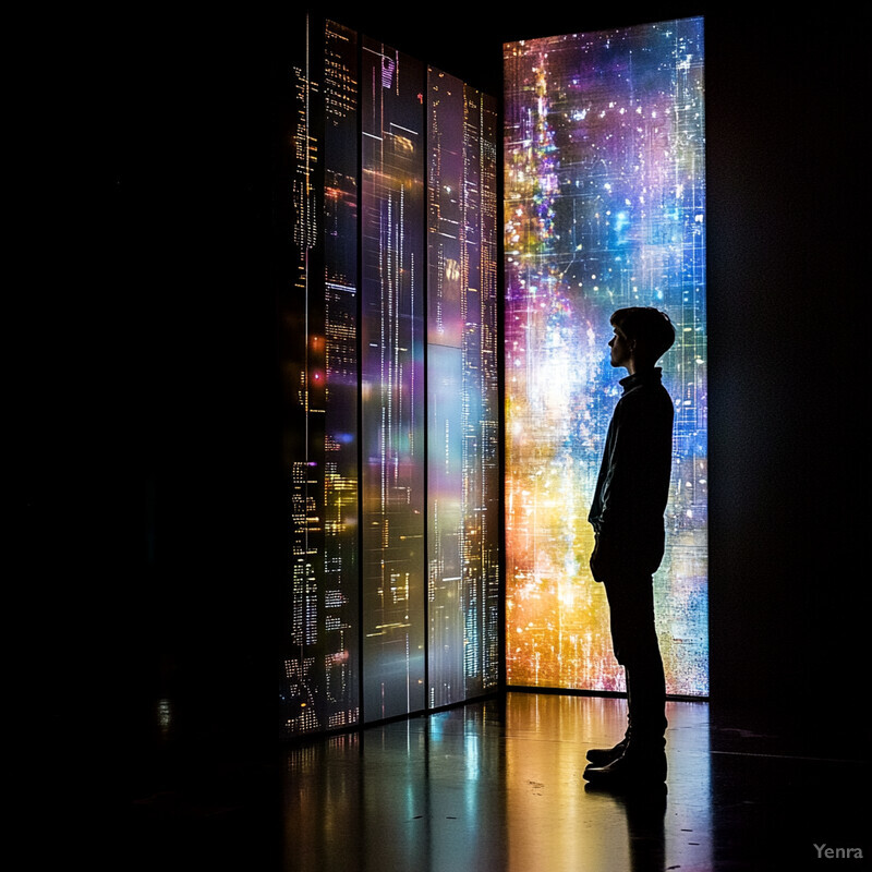 A man stands in front of a large screen displaying a vibrant digital artwork.