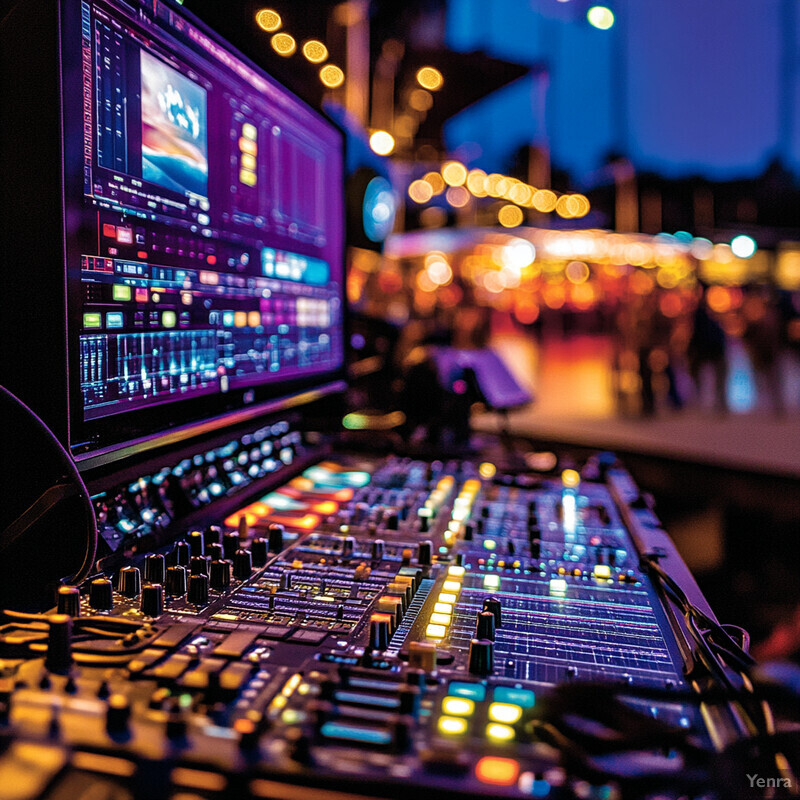 A soundboard with two large monitors in an indoor setting.