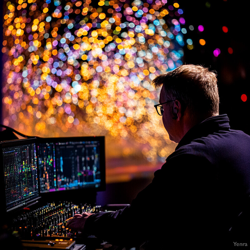 A man sitting at a control panel surrounded by multicolored lights.