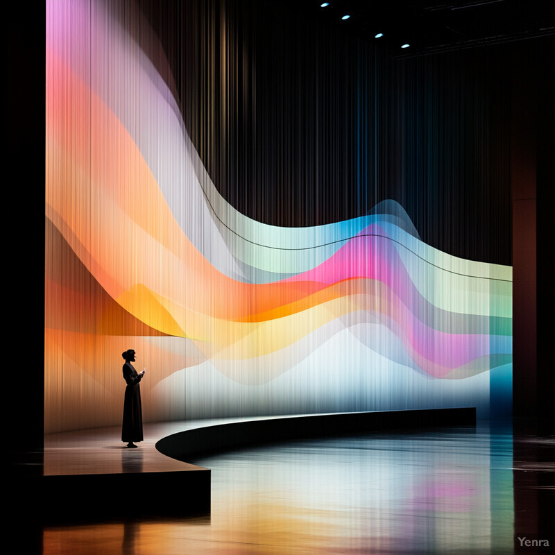 A woman stands on a stage in front of a colorful screen displaying a wavy pattern, possibly presenting information related to the display.