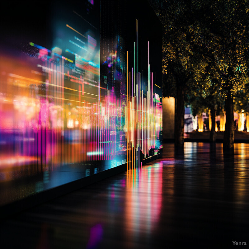 A large screen displays a multicolored graphic in an outdoor setting at night.