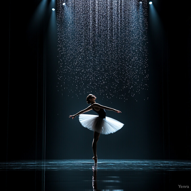 A ballerina stands on one leg, wearing a black leotard and white tutu, in front of a dark wall with colorful paintings.