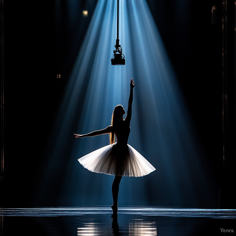 A ballerina stands under a blue spotlight on stage.