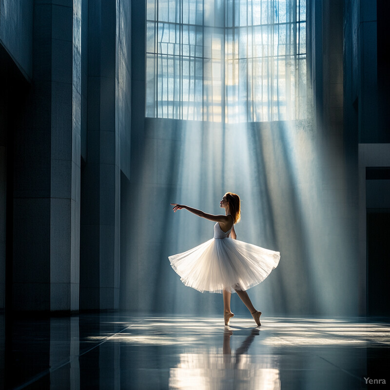 A young woman practices her plié in a dance studio.