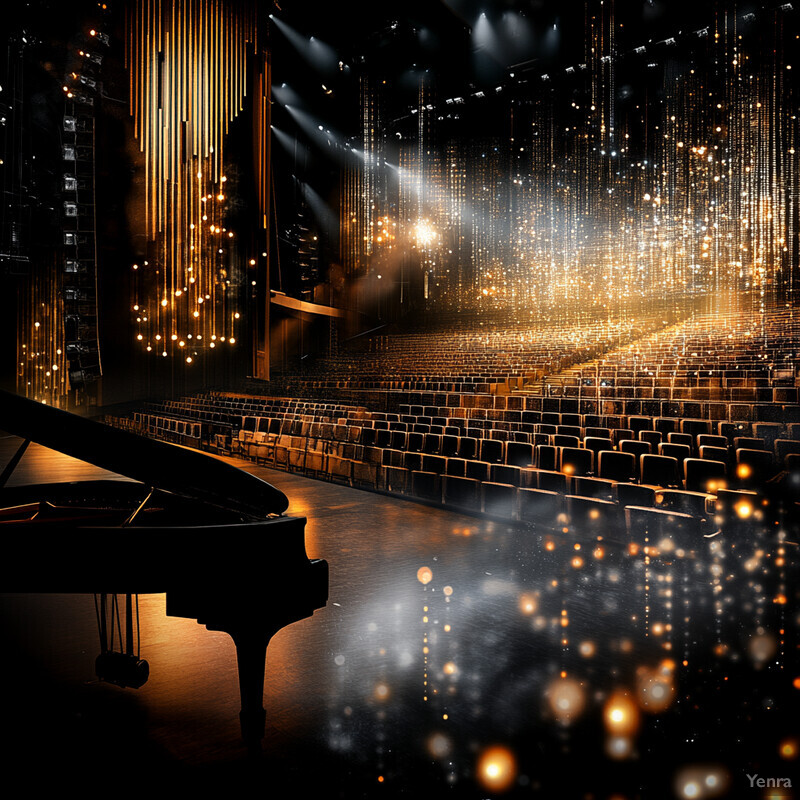 An empty concert hall with a grand piano and rows of seats, set against a backdrop of gold accents and a stunning visual display on the screen.