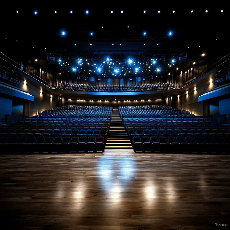 An empty theater with blue-lit seating and brown-staged flooring.