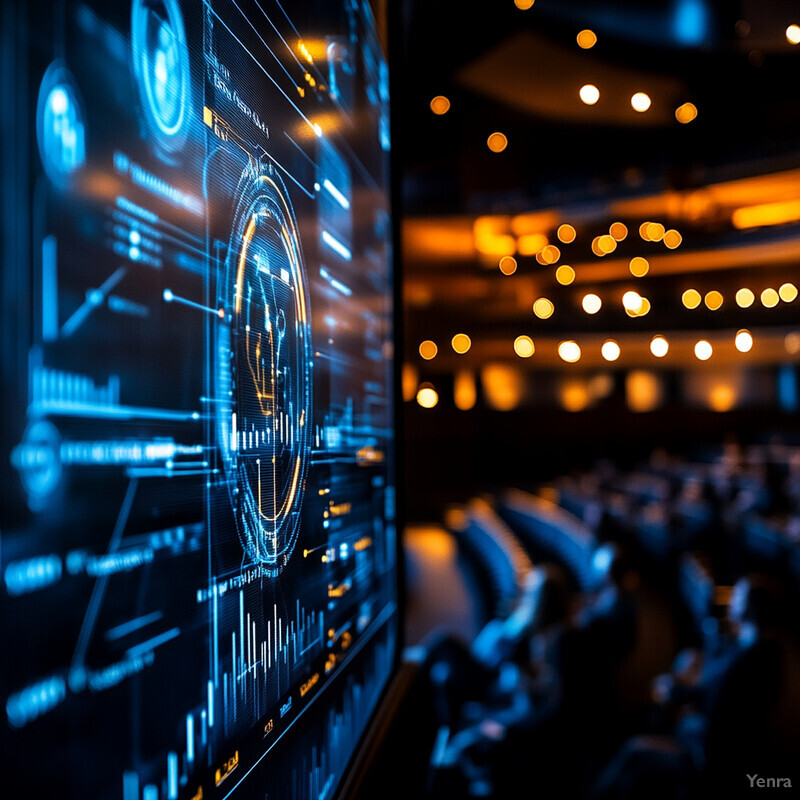 An empty auditorium with a large screen displaying graphs and charts.