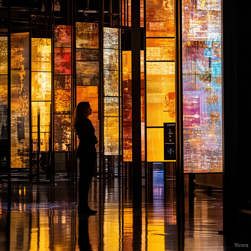 A woman stands in front of a large, multi-panelled display screen, admiring the vibrant colors and intricate details on display.