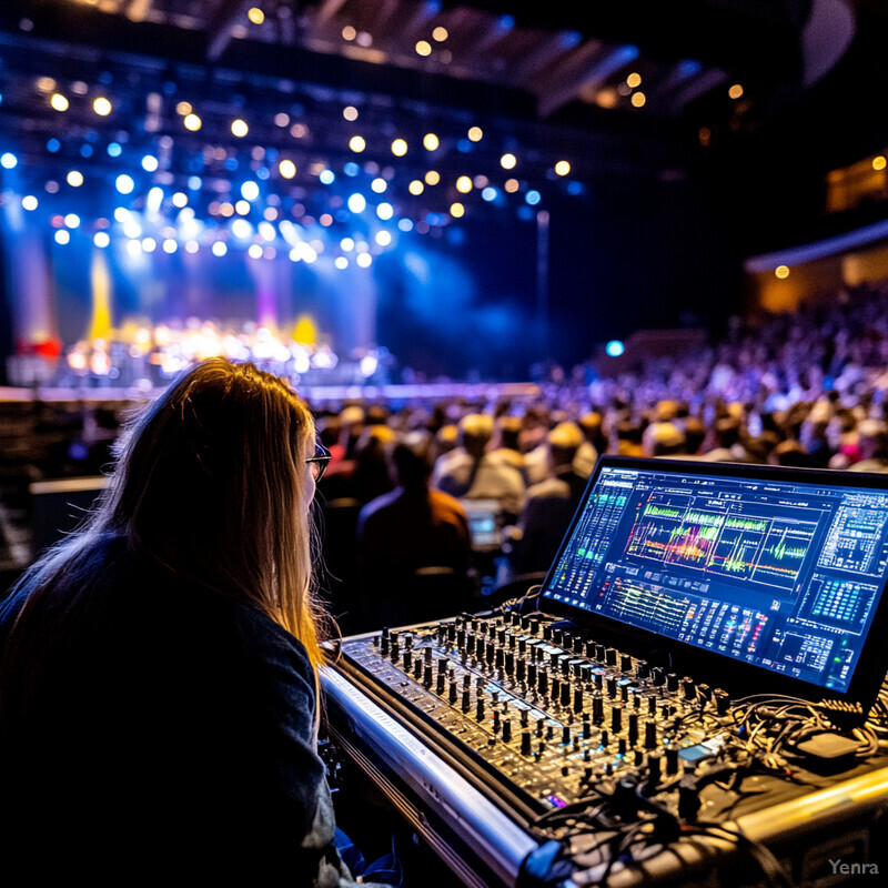 A woman sits at a mixing board in front of an audience, likely at an event or concert.