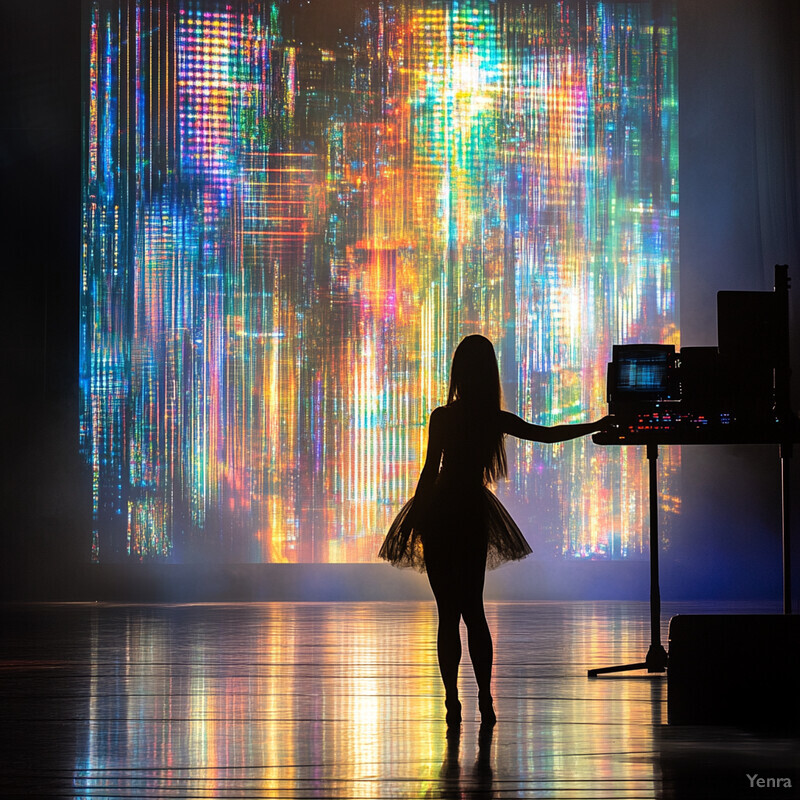 A woman stands on stage in front of a large screen displaying vibrant colors, preparing for a performance or rehearsal.