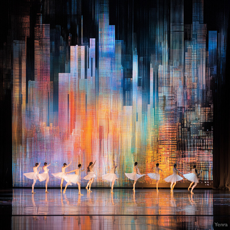 A group of ballet dancers performing on stage in white tutus and pointe shoes.