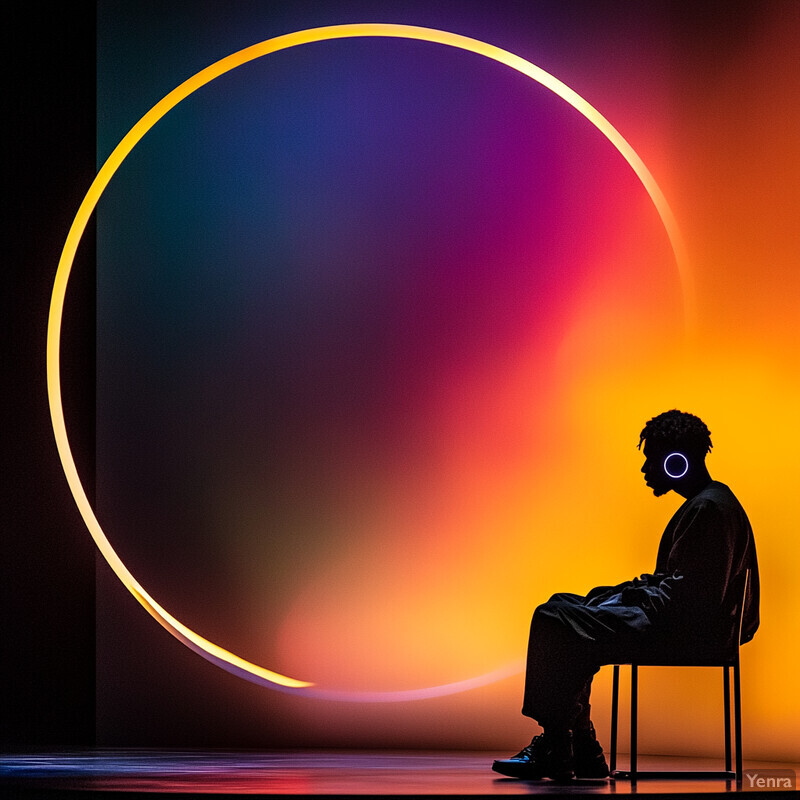 A man sits in front of a glowing circle on the wall, wearing dark clothing and possibly headphones, set against a vibrant gradient background.