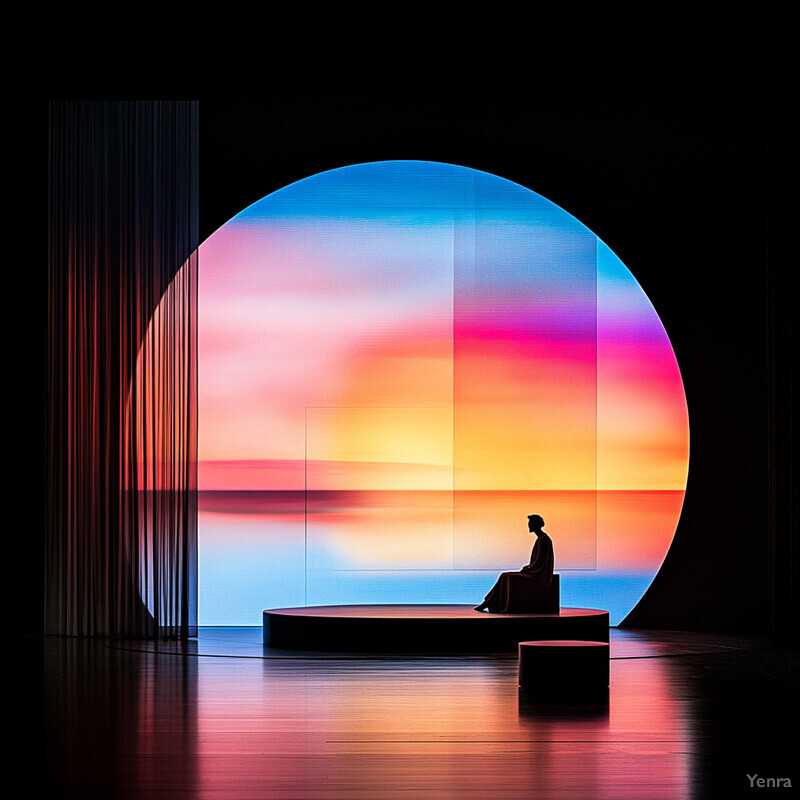 A person sits on a low platform in front of a large circular screen displaying a vibrant sunset scene.