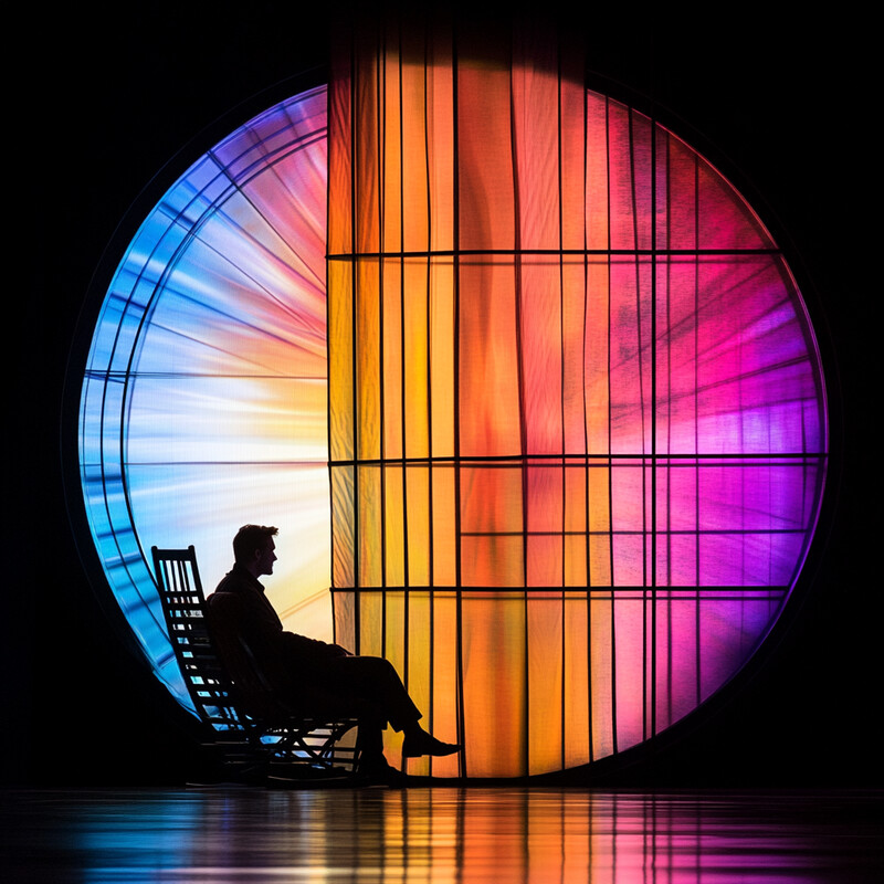 A man sits in a chair in front of a large, colorful window, lost in thought.