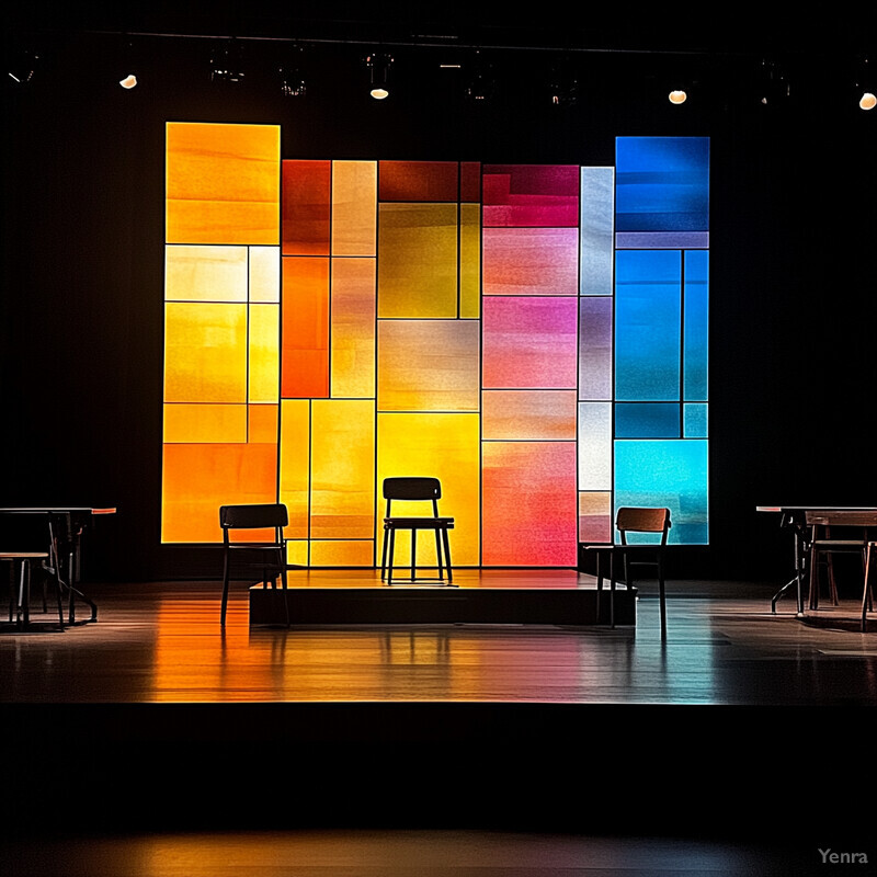 An empty theater stage with a vibrant backdrop, set for a performance or presentation.