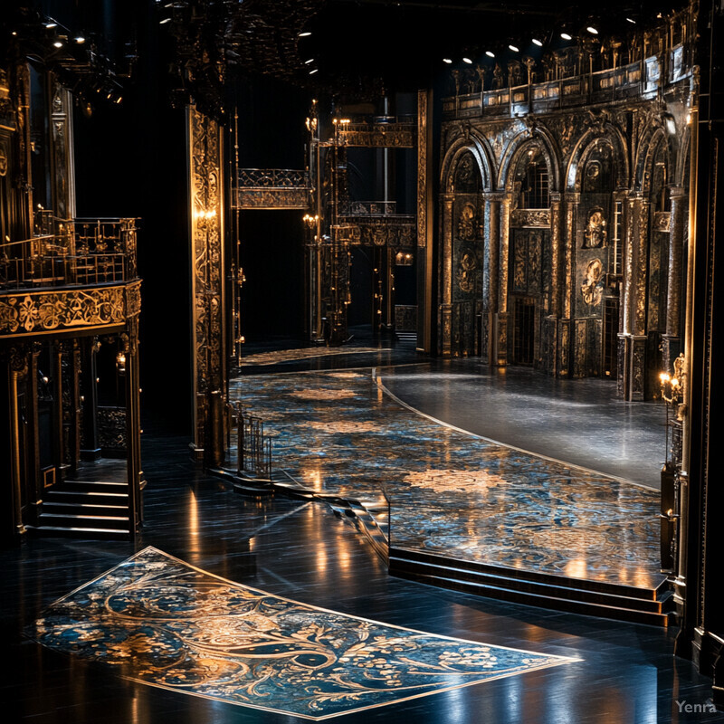 An ornate stage with a black floor and gold accents, surrounded by intricately carved pillars and doors.