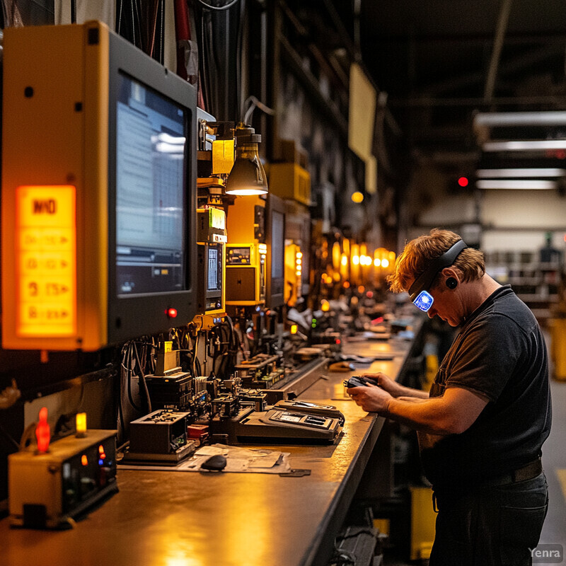 A man is working at a counter in an industrial setting, surrounded by machines and equipment.