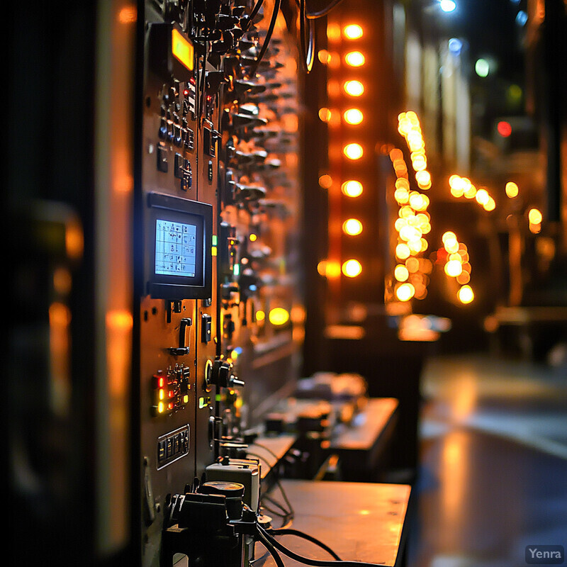 A dimly lit room with an array of control panels and lights on the walls.