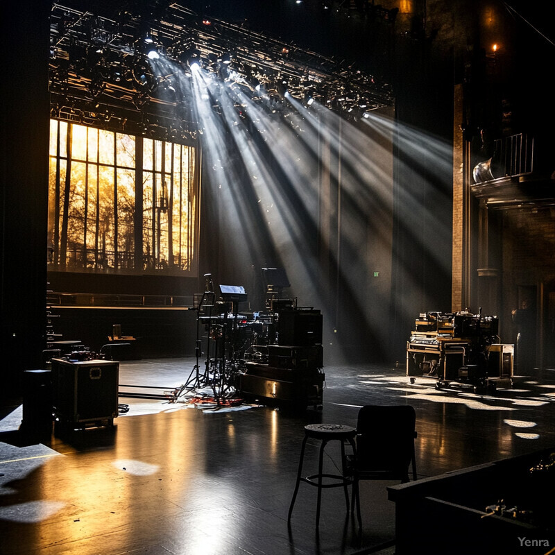 An empty stage with bright spotlights and a large screen displaying an image of trees and sunlight.