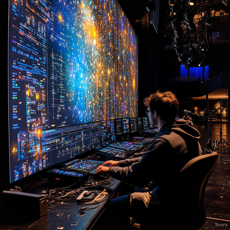 A man is sitting at a desk in front of a large screen displaying a complex visual representation.