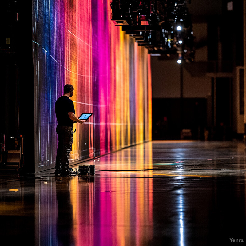 A man stands in front of a large screen displaying a colorful pattern of vertical lines, possibly at a production or presentation setting.