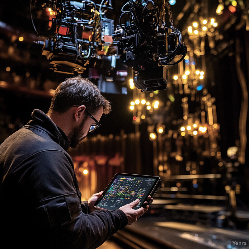 A man examines an iPad screen in a dimly lit theater or concert hall.