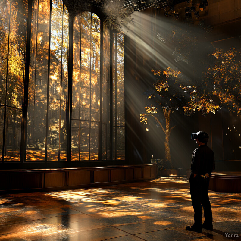 A man wearing a VR headset and holding controllers stands in a dimly lit room with floor-to-ceiling windows, gazing out at something beyond the window.