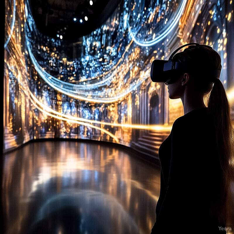 A woman wearing a virtual reality headset stands in front of a large screen displaying an abstract pattern of lights.