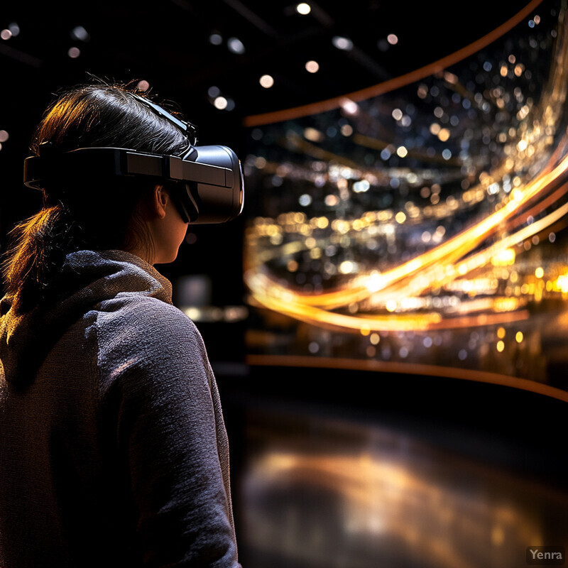 A woman wearing virtual reality goggles stands in front of a large screen displaying an abstract cityscape or futuristic landscape.