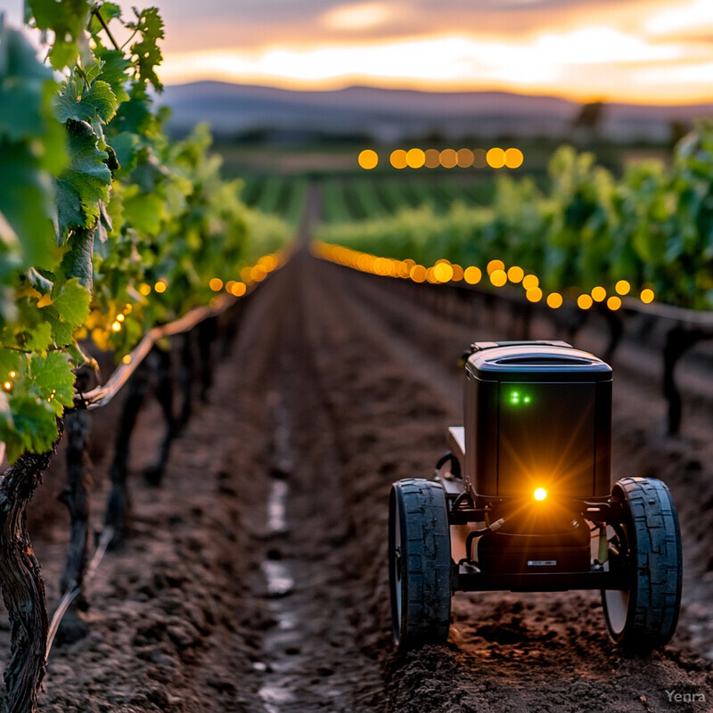 A robot navigates through a vineyard at sunset, surrounded by grapevines and dirt paths.