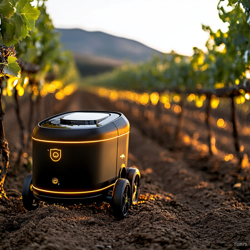 A small robot in a vineyard or orchard.