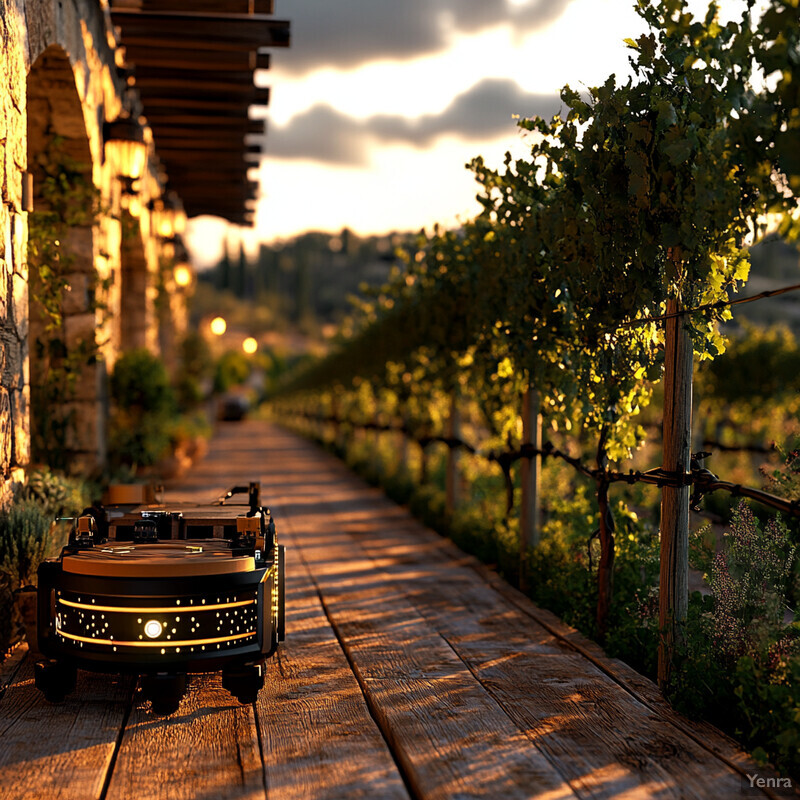 Two autonomous robots navigate through a picturesque vineyard at sunset.