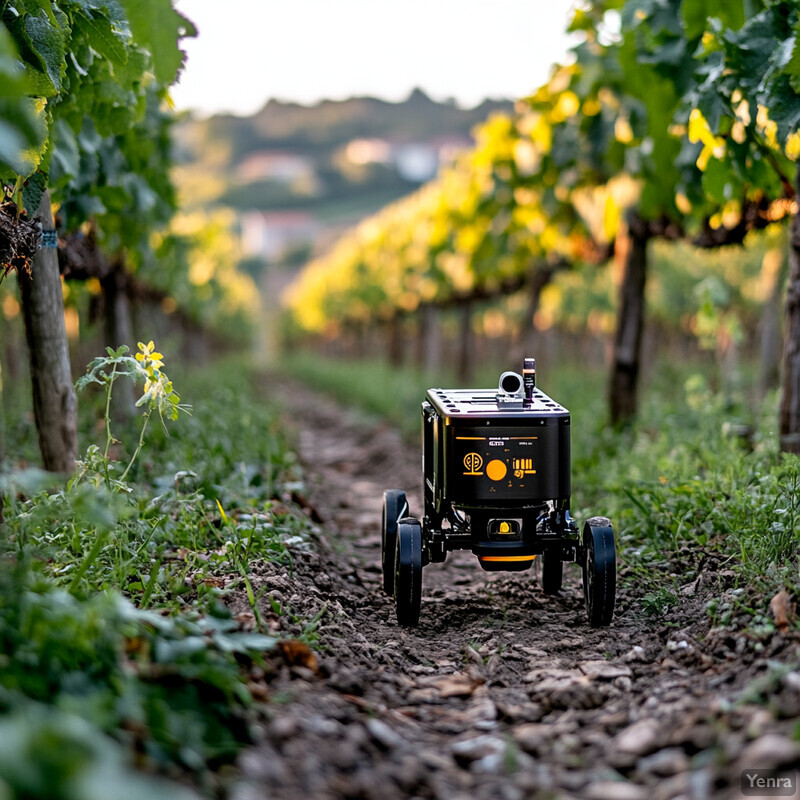 An autonomous navigation system is seen navigating through a vineyard setting, highlighting the use of technology in precision agriculture.