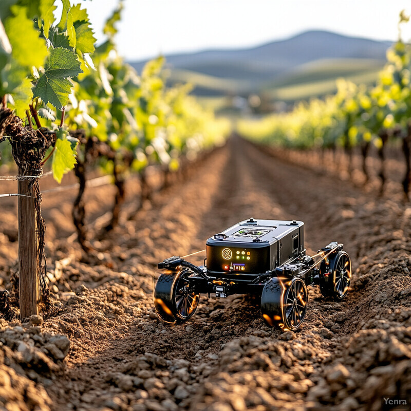 Autonomous navigation and obstacle avoidance system in action in a vineyard or orchard.