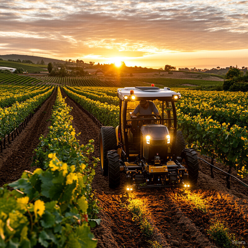 A person operating a tractor in a vineyard during sunset.