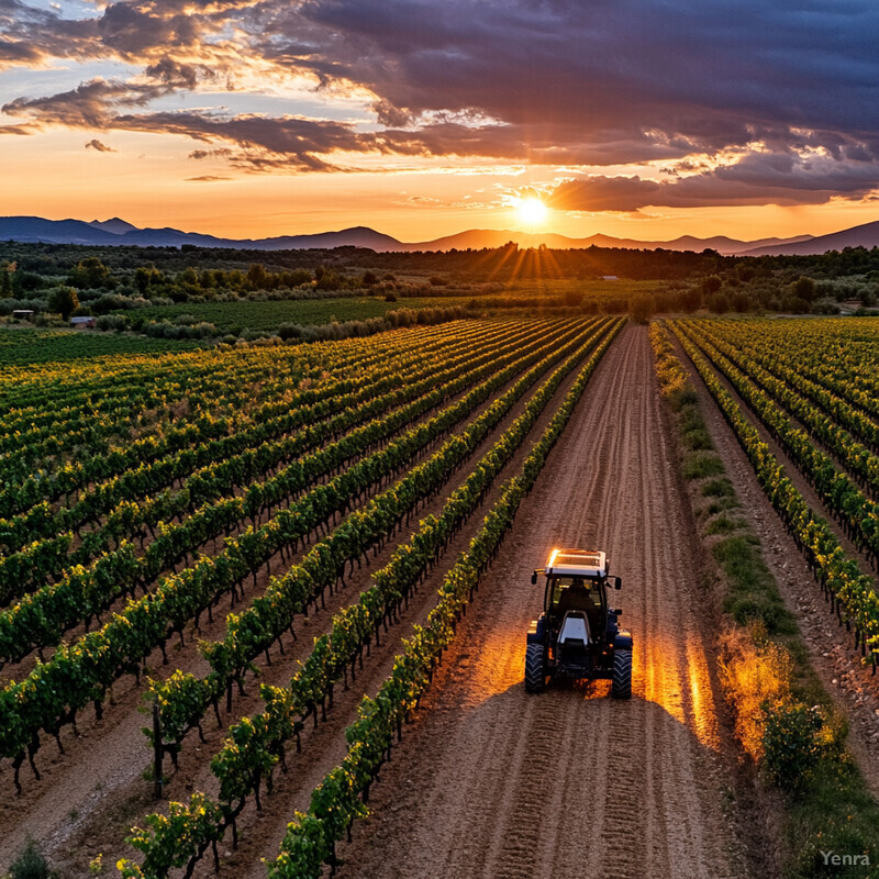 A tractor drives through a vineyard at sunset.