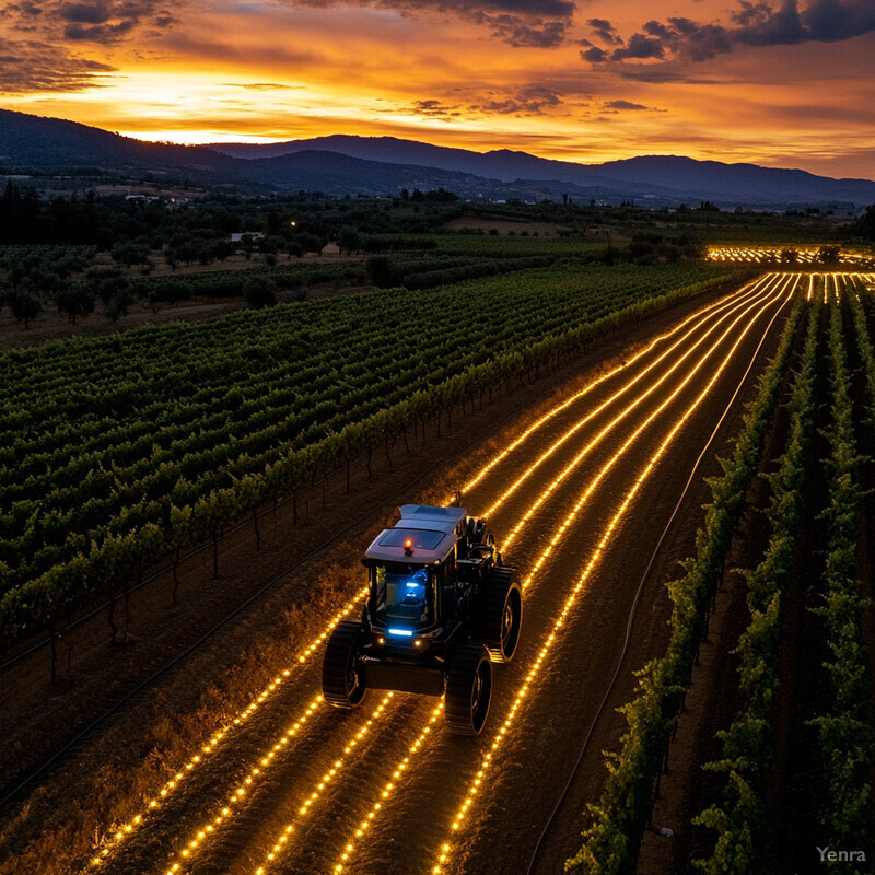 An autonomous tractor navigates through rows of green grapevines in a picturesque vineyard under an orange sky.