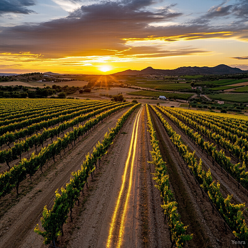 A serene landscape of a vineyard at sunset, with rows of grapevines stretching out towards the horizon and rolling hills covered in lush greenery.