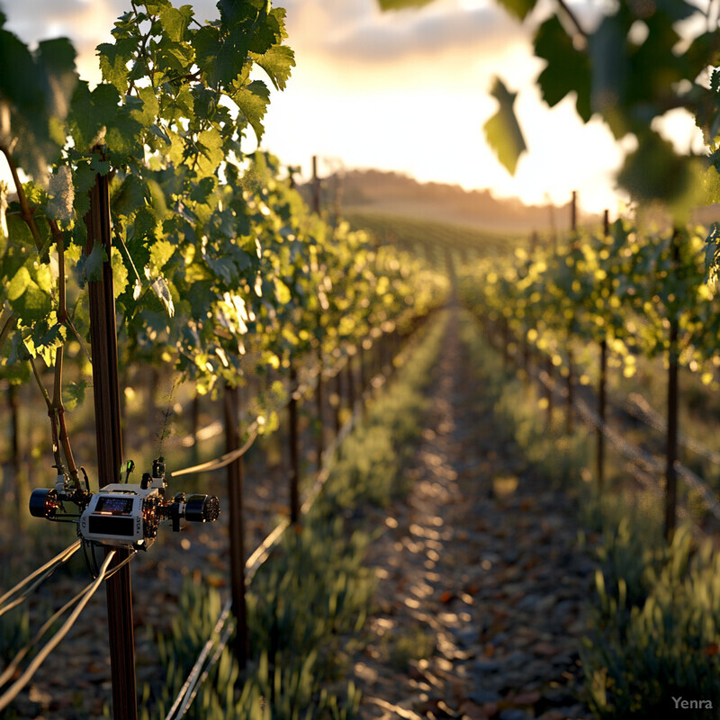 A vineyard with rows of grapevines and a small device attached to one of the vines, set against a backdrop of hills or mountains.