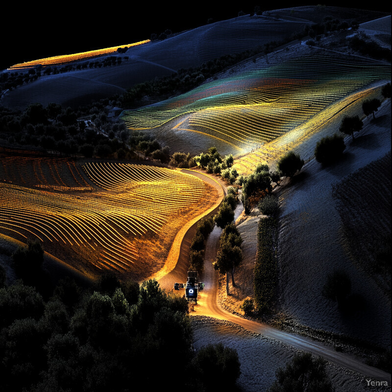 An aerial view of farmland with a winding dirt path and rows of crops.