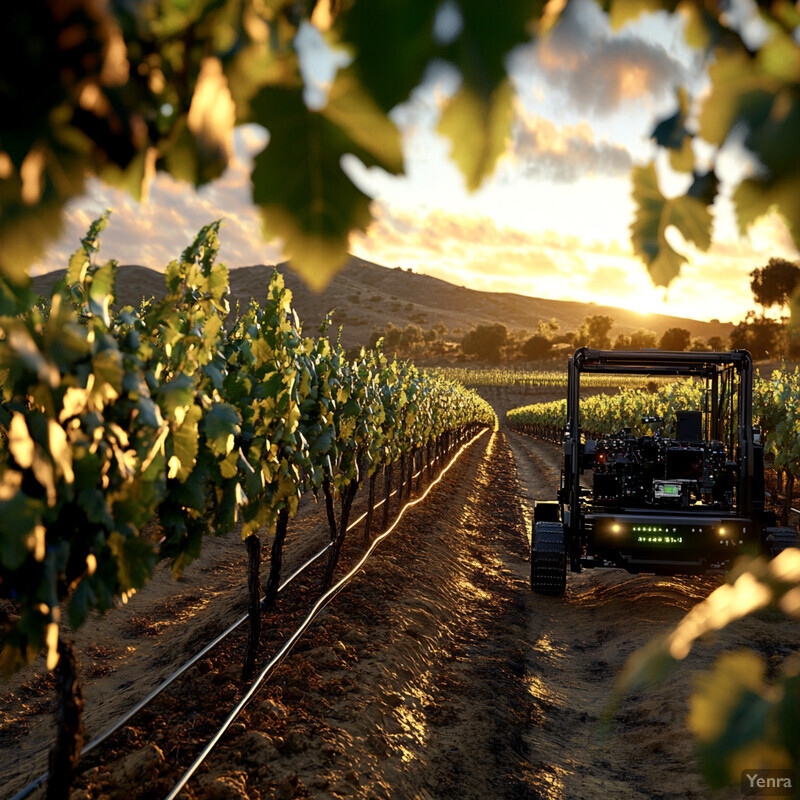 A tractor tends to rows of lush grapevines in a picturesque vineyard.