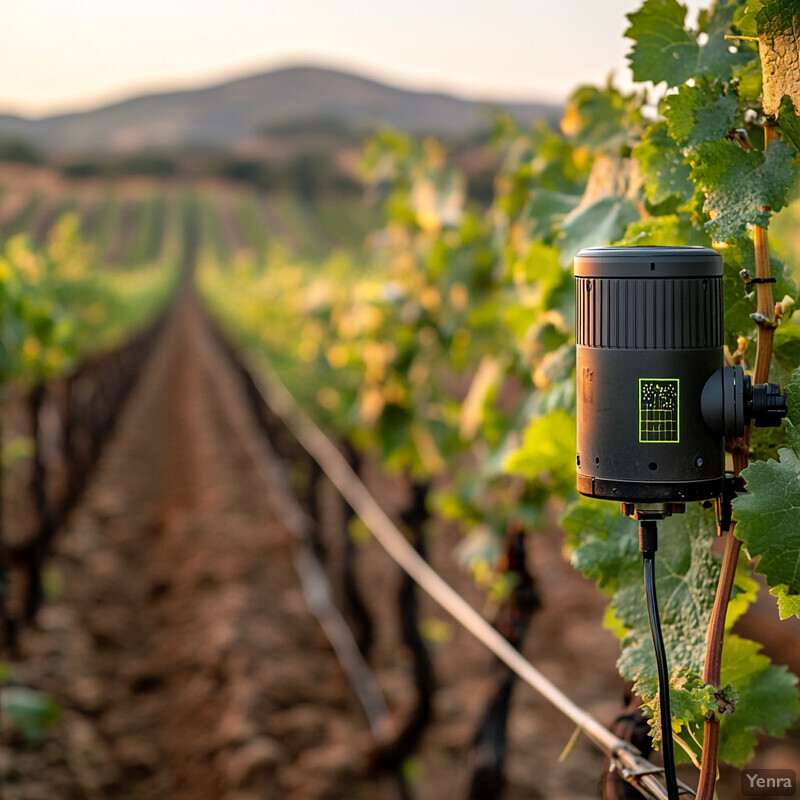 A vineyard with rows of grapevines and a small device in the foreground.