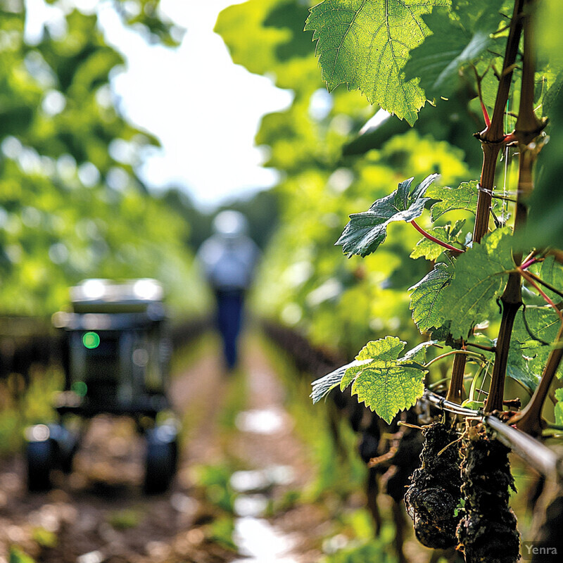 A serene vineyard scene with lush green leaves and ripe grapes.