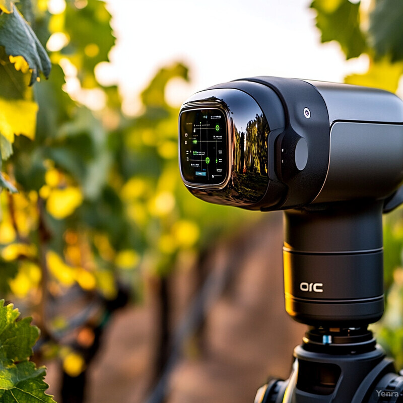 A black device with a screen and handle is positioned in an outdoor setting amidst rows of green plants, possibly used for monitoring or tracking conditions.