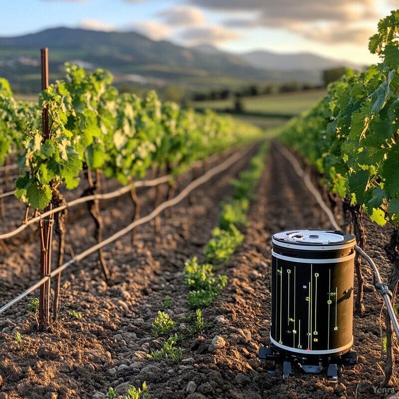 A serene outdoor setting featuring rows of grapevines and a possible sensor or monitoring system.