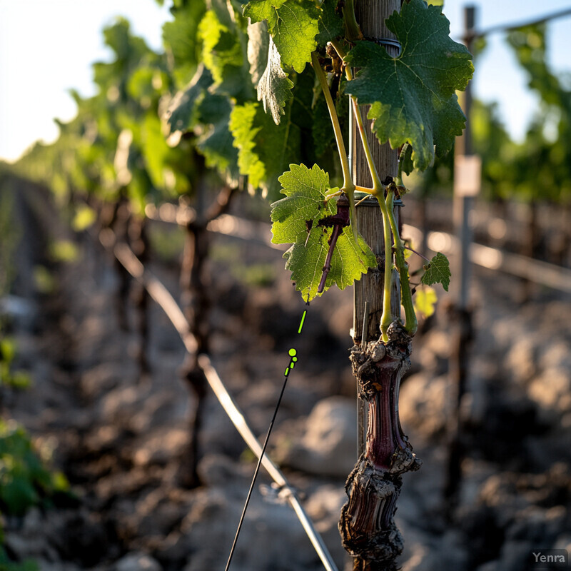 A vineyard in early spring with vines and leaves visible.